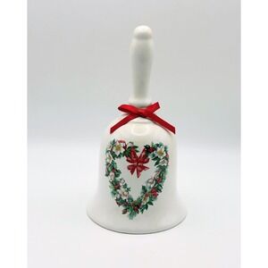 Vintage AGC Christmas Bell Ceramic Heart Wreath Holly Gold Script Message 6"